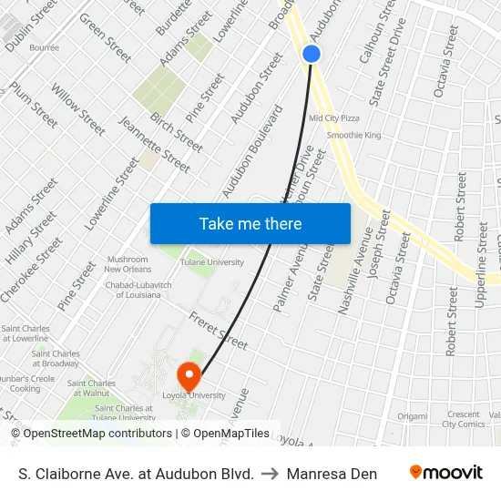 S. Claiborne Ave. at Audubon Blvd. to Manresa Den map