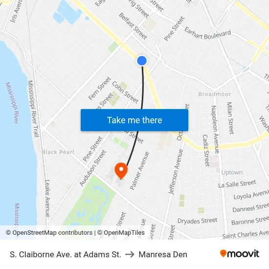 S. Claiborne Ave. at Adams St. to Manresa Den map