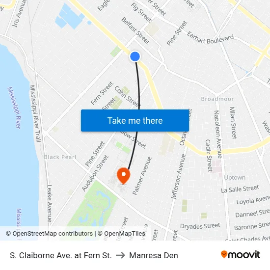S. Claiborne Ave. at Fern St. to Manresa Den map