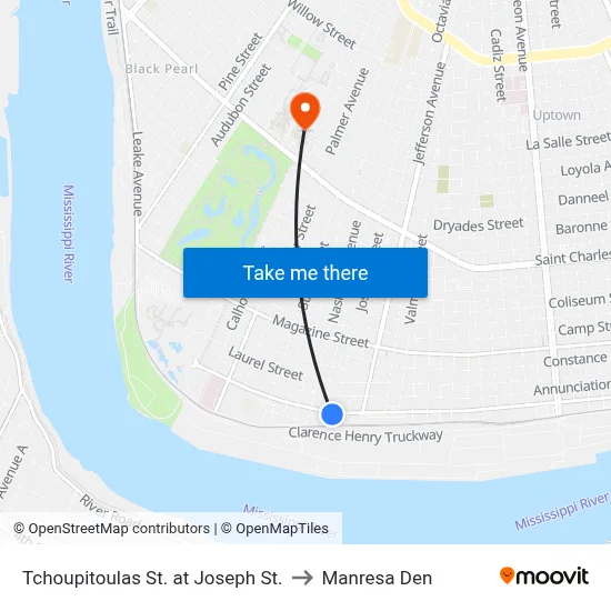 Tchoupitoulas St. at Joseph St. to Manresa Den map