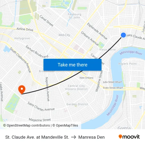 St. Claude Ave. at Mandeville St. to Manresa Den map