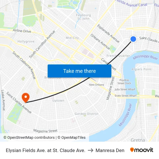 Elysian Fields Ave. at St. Claude Ave. to Manresa Den map