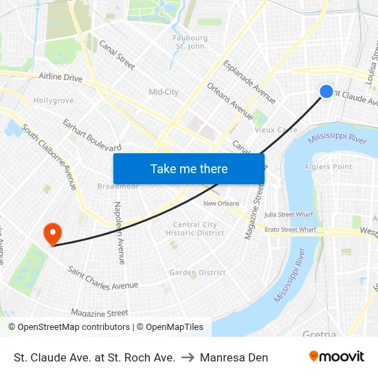 St. Claude Ave. at St. Roch Ave. to Manresa Den map
