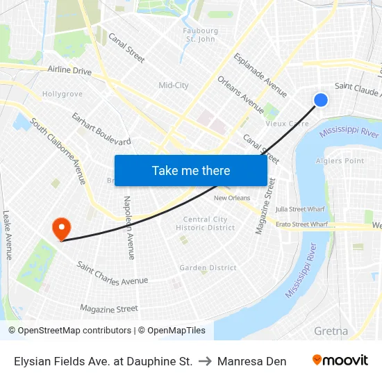 Elysian Fields Ave. at Dauphine St. to Manresa Den map
