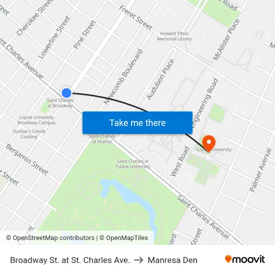 Broadway St. at St. Charles Ave. to Manresa Den map