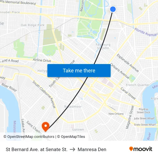 St Bernard Ave. at Senate St. to Manresa Den map