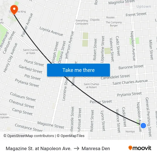 Magazine St. at Napoleon Ave. to Manresa Den map