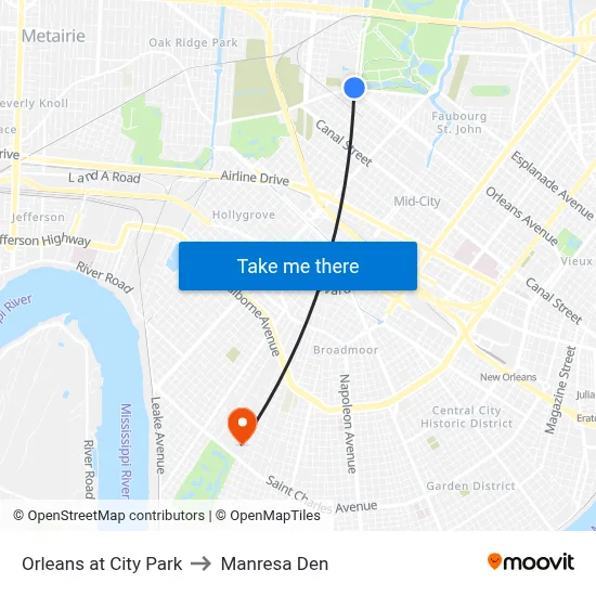 Orleans at City Park to Manresa Den map