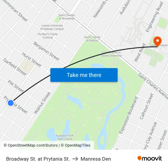 Broadway St. at Prytania St. to Manresa Den map