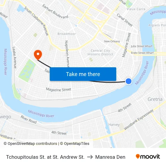 Tchoupitoulas St. at St. Andrew St. to Manresa Den map