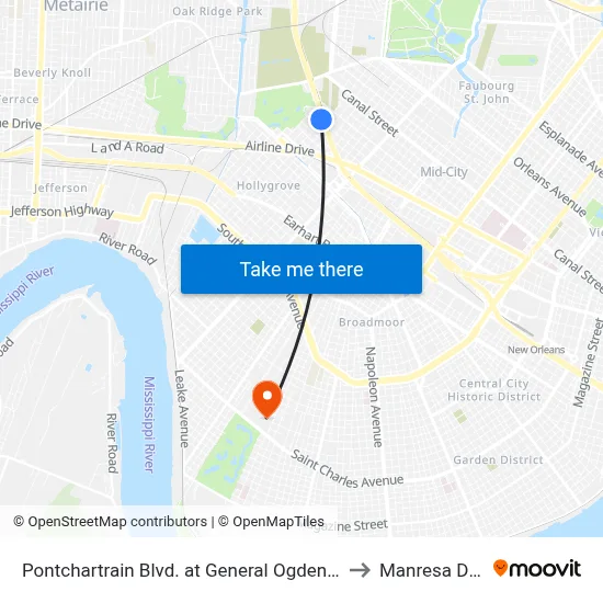 Pontchartrain Blvd. at General Ogden St. to Manresa Den map