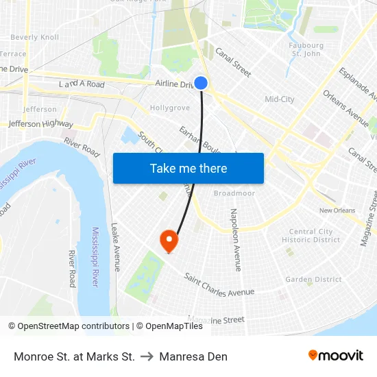 Monroe St. at Marks St. to Manresa Den map
