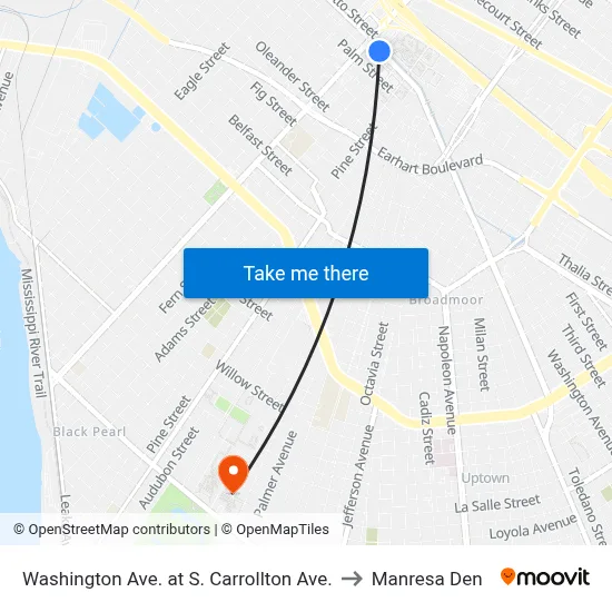 Washington Ave. at S. Carrollton Ave. to Manresa Den map