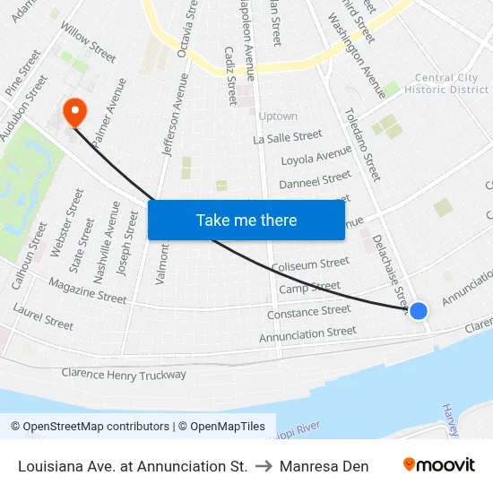 Louisiana Ave. at Annunciation St. to Manresa Den map