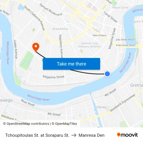 Tchoupitoulas St. at Soraparu St. to Manresa Den map