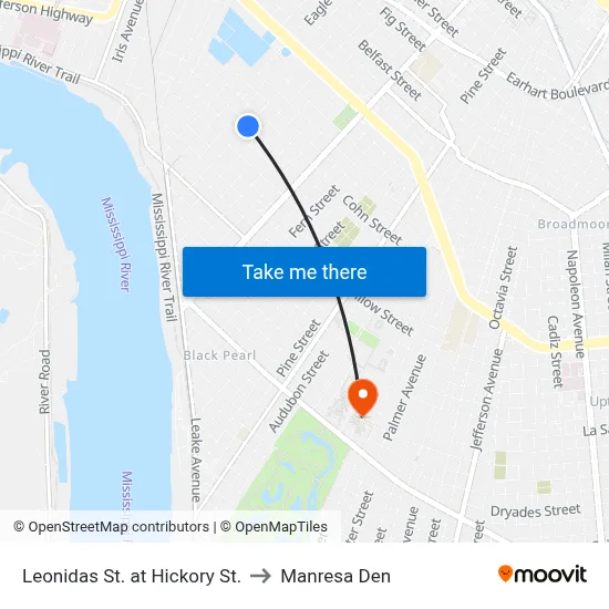 Leonidas St. at Hickory St. to Manresa Den map