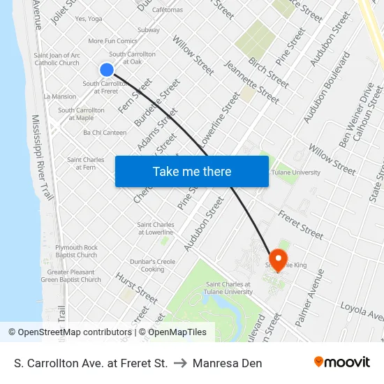 S. Carrollton Ave. at Freret St. to Manresa Den map