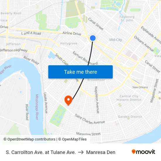 S. Carrollton Ave. at Tulane Ave. to Manresa Den map