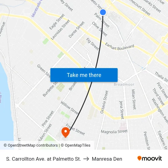 S. Carrollton Ave. at Palmetto St. to Manresa Den map