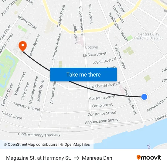 Magazine St. at Harmony St. to Manresa Den map
