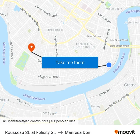 Rousseau St. at Felicity St. to Manresa Den map