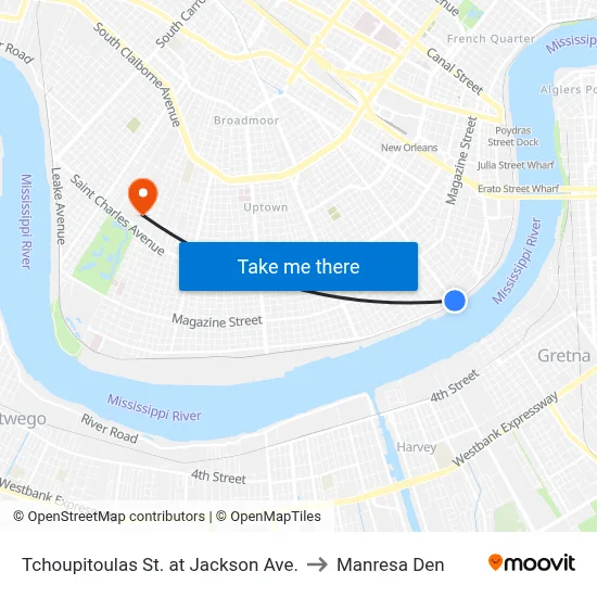 Tchoupitoulas St. at Jackson Ave. to Manresa Den map
