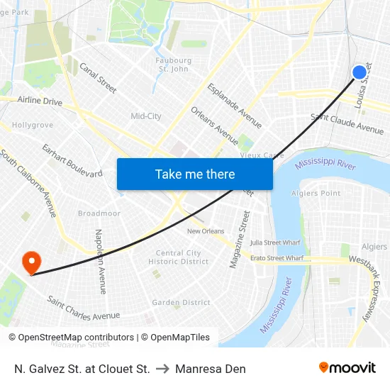 N. Galvez St. at Clouet St. to Manresa Den map