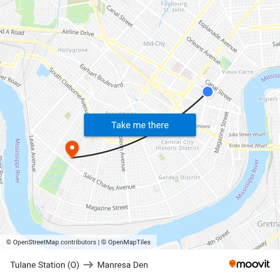 Tulane Station (O) to Manresa Den map