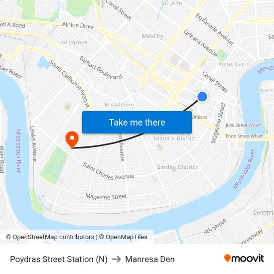 Poydras Street Station (N) to Manresa Den map