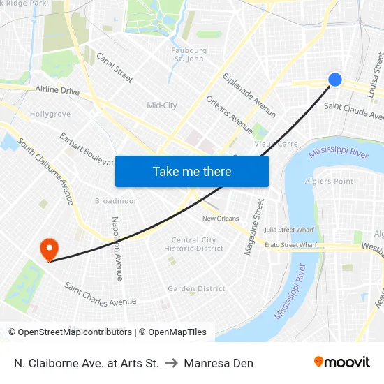 N. Claiborne Ave. at Arts St. to Manresa Den map