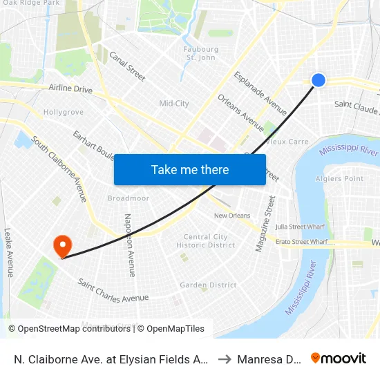 N. Claiborne Ave. at Elysian Fields Ave. to Manresa Den map