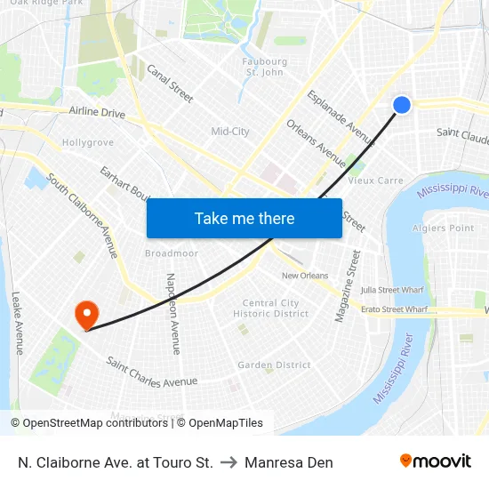 N. Claiborne Ave. at Touro St. to Manresa Den map