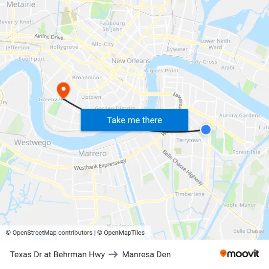 Texas Dr at Behrman Hwy to Manresa Den map