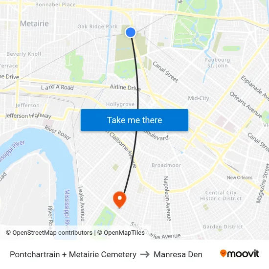 Pontchartrain + Metairie Cemetery to Manresa Den map
