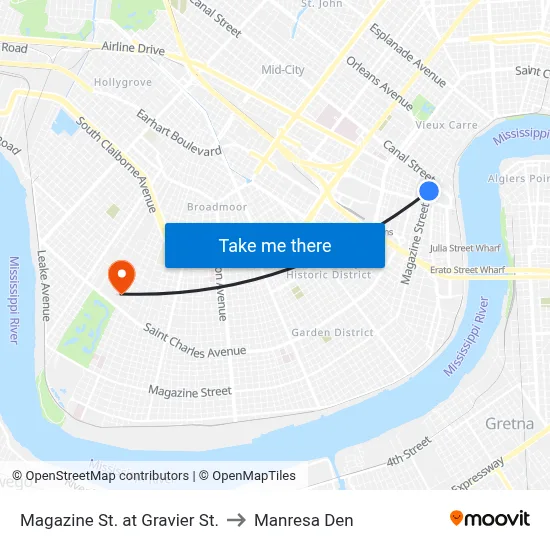 Magazine St. at Gravier St. to Manresa Den map