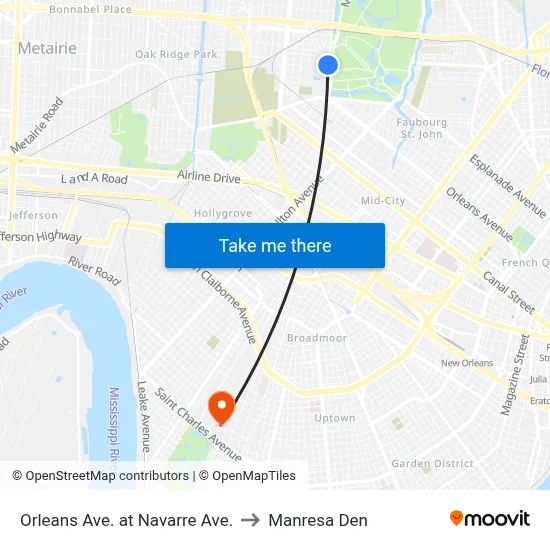 Orleans Ave. at Navarre Ave. to Manresa Den map