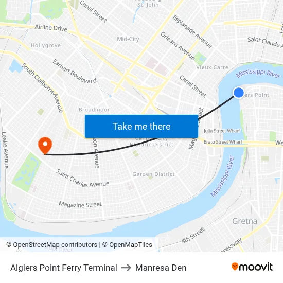Algiers Point Ferry Terminal to Manresa Den map