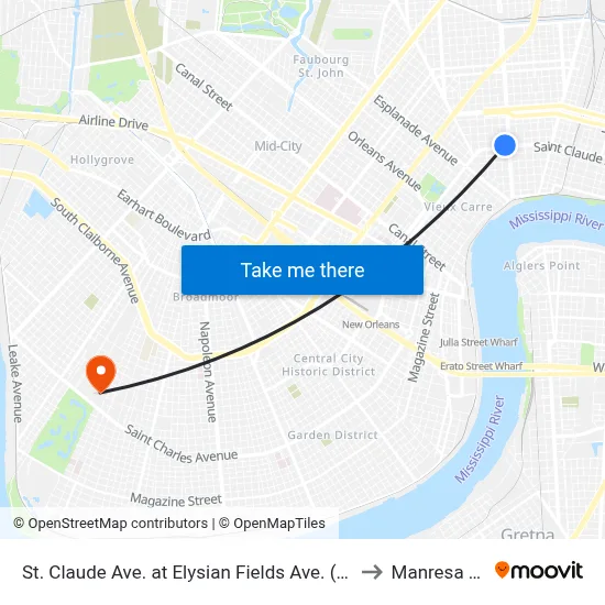 St. Claude Ave. at Elysian Fields Ave. (Farside) to Manresa Den map