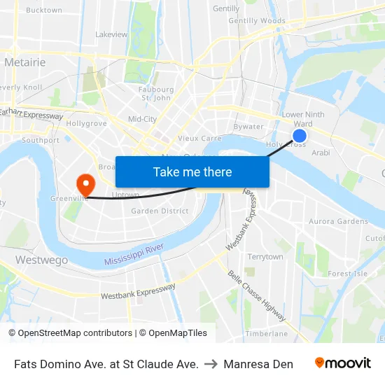 Fats Domino Ave. at St Claude Ave. to Manresa Den map
