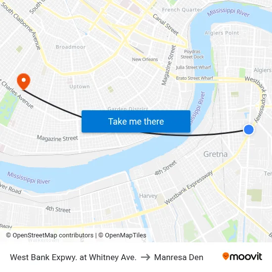West Bank Expwy. at Whitney Ave. to Manresa Den map