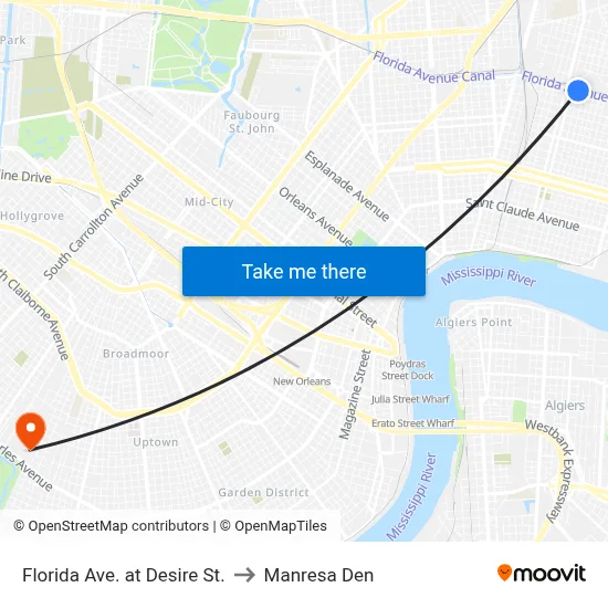 Florida Ave. at Desire St. to Manresa Den map