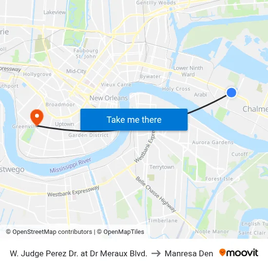 W. Judge Perez Dr. at Dr Meraux Blvd. to Manresa Den map