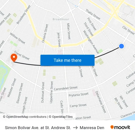 Simon Bolivar Ave. at St. Andrew St. to Manresa Den map