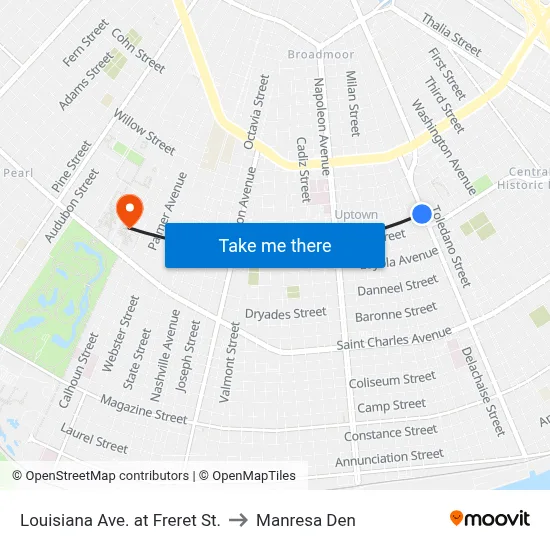 Louisiana Ave. at Freret St. to Manresa Den map