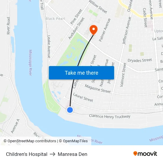 Children's Hospital to Manresa Den map