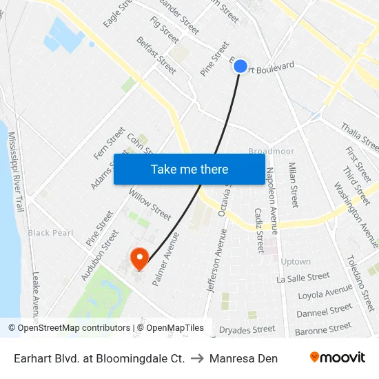 Earhart Blvd. at Bloomingdale Ct. to Manresa Den map