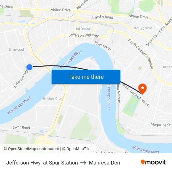 Jefferson Hwy. at Spur Station to Manresa Den map
