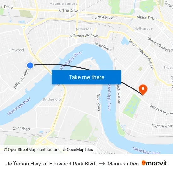 Jefferson Hwy. at Elmwood Park Blvd. to Manresa Den map