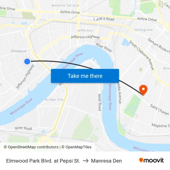 Elmwood Park Blvd. at Pepsi St. to Manresa Den map