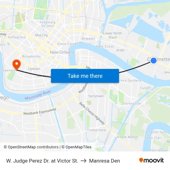 W. Judge Perez Dr. at Victor St. to Manresa Den map